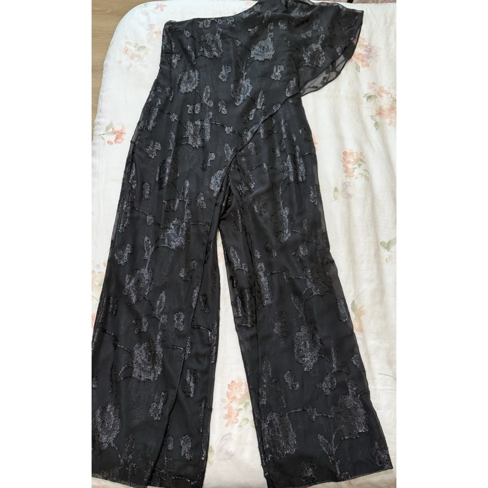 Adrianna Papell Formal Jumpsuit 14W Floral Chiffon One‎ Shoulder Pants Sparkle - Picture 2 of 16